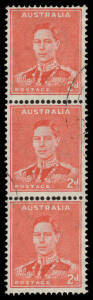 1937-49 Definitives Perf 15x14 2d scarlet Coil Perforation (Large & Small Holes) vertical strip of 3 BW #188bl (SG 184a), Cat $450+ (&pound;450+) for a pair only.