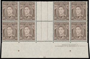 1937-49 Definitives Perf 15x14 Perf 15x14 3d purple-brown imprint block of 8 from the base of the sheet also with complete Plate Number '14', mounted in the gutter only, Cat $600 (mounted).