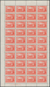 1937 New South Wales Sesquicentenary 2d scarlet complete left-hand pane of 40 (4x10) with complete Plate Number '1' at upper-left BW #175z & John Ash Imprint at lower-left, unmounted, Cat $600++ (mounted).