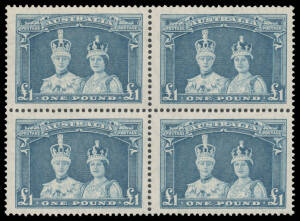 1938-49 Robes Thick Paper £1 and Thin Paper £1 blocks of 4, unmounted, Cat $1160+.
 (2 blocks)