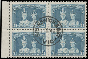 1938-49 Robes Thin Paper &pound;1 dull blue marginal block of 4 from the left of the sheet, CTO with superb 'BRUNSWICK EAST/13JL49/VIC' cds & full unmounted o.g., Cat $400+ (as postally used singles). Superb! A very scarce block.