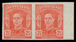 1942-50 Definitives 2&frac12;d scarlet Imperforate Pair BW #230b from the right of the sheet, margins good to large, Cat $375. Very scarce.