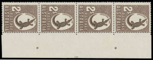 1948-56 No Watermark Definitives 2/- Aboriginal Art vertical strip of 4 from the right of the sheet with almost complete Plate Number '9' BW #264zc, the central units are unmounted, Cat $2500.