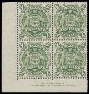 1948-56 Arms 5/- to &pound;2 imprint blocks of 4, the &pound;2 with Roller Flaw on both left-hand units BW #271zb, unmounted, Cat $1775.
 (4 blocks)