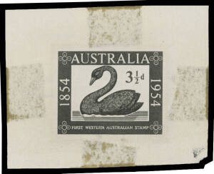 1954 WA Stamps Centenary 3½d Swan die proof in black on thin wove paper BW #313DP(1) removed from the original presentation mount & with the characteristic adhesive stains but clear of the impression, with the original mount with Note Printing Branch cac