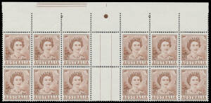 1959-64 Definitives 2d brown Coil Perf block of 8 (4x2) from the top of the sheet with complete Plate Number '1' & Three Horizontal Lines to Left BW #348z, unmounted, Cat $750. [The ACSC states "There are probably 8-10 surviving blocks"]