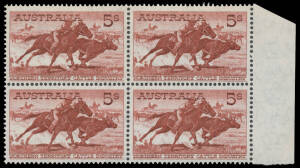 1959-64 Definitives 5/- Cattle Cream & White Paper marginal blocks of 4, well centred, unmounted, Cat $580+. (2 blocks)