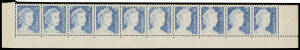 1966-71 QEII 5c blue with Strong Offset BW #444c complete strip of 10 from the base of the sheet, unmounted, Cat $750+.