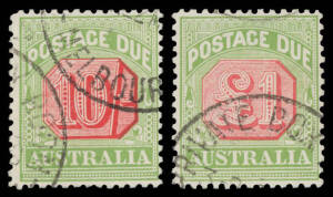 1909-10 Victorian Design on Thick Paper with Crown/Double-Lined A 10/- & £1 BW #D91 & 92, both with 'PRIVATE BOX ROOM/ MELBOURNE VIC' cds, Cat $800.