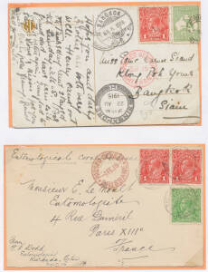 World War I civilian censor covers or PPCs from Queensland x10 including PPC to Siam, registered to Jamaica & Printed Matter to Holland; Thursday Island cover with contents & two PPCs all to GB with sans serif 'PASSED BY CENSOR.' h/s (96x6mm) in violet; o