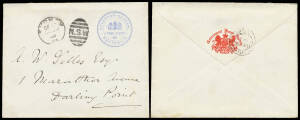 1900 (Dec 17) envelope with a superb strike of the 'GOVERNOR-GENERAL/[arms]/FRANK STAMP/AUSTRALIA' handstamp in blue uncancelled but with a Sydney duplex of DE17/00 alongside, embossed 'Government House, Sydney/[arms]' in red on the flap, 'EDGECLIFF/DE18/