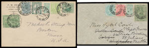 1912 cover to USA franked with ½d issues from all six States tied Sydney '-4AP12' datestamps slightly overpaying 2½d foreign letter rate, also cover to Malta with mixed franking of Tasmania Pictorial ½d green, NSW Arms 1d red and ½d grey-green and Victori