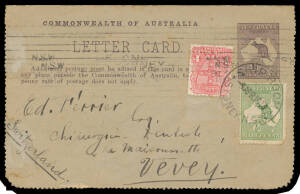 1913 usage to Switzerland of 1d Roo Letter Card ("LAKE ST CLAIR") in purple uprated with NSW 1d & ½d Roo (rounded corner) tied by Sydney machine cancel & 'SHIP ROOM/SYDNEY NSW' cds, light 'VEVEY' arrival b/s, minor blemishes & a little aged. [Nice CofA/St