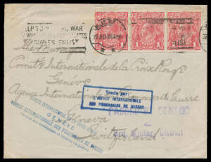 1914-18 group to Switzerland mostly to the Red Cross or other aid agencies, various KGV &/or Kangaroo frankings, from NSW x5 (two with violet/white 'OPENED BY CENSOR' labels), Queensland x4 (two with red/white 'OPENED BY CENSOR' labels, the others with 'P