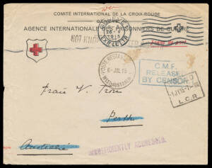 1915 stampless Red Cross POW Agency cover from Switzerland to "Perth/Australie" with 'CMF/RELEASED/BY CENSOR' h/s in blue, 'INSUFFICIENTLY ADDRESSED' h/s in violet & boxed 'CALLED/LCR' d/s, 'POSTE RESTANTE PERTH/6JUL15/...' cds & 'DEAD LETTER OFFICE/20JL1