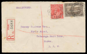 1915 cover with scarce albeit CofA/State philatelic franking of KGV 1d red & Tasmanian 3d Pictorial, 'REGISTERED/ SYDNEY NSW' cds, red & black/white 'NSW/Sydney' registration label, minor blemishes. [Teleraga is between Moree & Inverell in far north NSW]