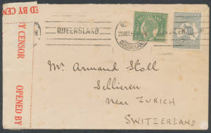 1915-18 censor covers from Queensland to Switzerland (a dealer's cover with combination franking of 2d Roo + ½d Queensland), Holland or Denmark, each with red/white 'OPENED BY CENSOR' label, and from Adelaide to Holland with German 'Militarischerseits unt