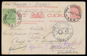 1916 very late usage of NSW 1d Postal Card ("GOVETT'S LEAP") to a French POW in Germany uprated with KGV ½d tied by 'THE EXCHANGE/NSW' cds, endordsed "Via France & Geneve" but sent via GB with British POW cachet, bumped corners & minor soiling. Ex Neil Ru