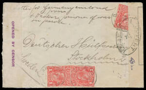 1916 (Aug 30) cover endorsed "Letter for Germany enclosed/from/A Wacker prisoner of war/on parole", to Deutsche Hilfsverein (= German Aid) in Sweden, violet/white censor label & unusually with French censor label & cachet, Stockholm arrival b/s of 26.10.1