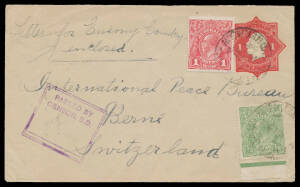 1918 covers endorsed "Letter for enemy country enclosed" to Switzerland both with the rare boxed 'PASSED BY/CENSOR SD/...' with Smaller Letters cachet in violet applied at Sydney, plus a cover without the endorsement & the standard cachet for comparison. 