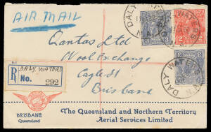 1932 double-rate commercial Qantas cover to the company's Brisbane office with KGV 2d & 3d x2 tied by very fine 'DALY WATERS/NA' cds (rated RR), provisional blue & black/white registration label with Rat's Tail on 'R' & mss "Daly Waters". The rate was 2d 