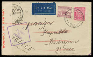 1939-41 interesting airmail batch to Queensland mainly from Greece x14 including early censor labels & cachets, plus from Forces in Malaya x5 or Papua x5 (one with part-strike of the large 'PASSED BY CENSOR/...' h/s - very scarce on commercial mail - & tw