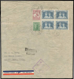 1941 unusual size envelope (185x197mm) to USA with 'CALIFORNIA/CLIPPER' h/s & rare franking of Robes £1 block of 4 (a few faults) + 4d Koala & 2/- Roo tied by Sydney cds of 24JY41, minor wrinkles. One of the highest-rated World War II airmail covers we ha