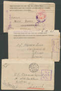 1942-47 Prisoner of War mail comprising 1941 airmail postcard from GB "via North Atlantic/Transpacific ... Clipper" to "Hut 1 Camp 8, Eastern Command" Sydney but forwarded to Tatura with Melbourne censor and stamp removed (file punched); two 1941 POW let - 2