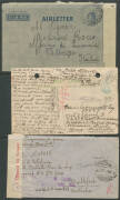 1942-47 Prisoner of War mail comprising 1941 airmail postcard from GB "via North Atlantic/Transpacific ... Clipper" to "Hut 1 Camp 8, Eastern Command" Sydney but forwarded to Tatura with Melbourne censor and stamp removed (file punched); two 1941 POW let - 3