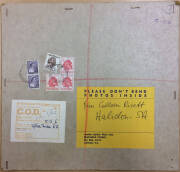 1962 complete cardboard folder (290x275mm) to Halidon (SA) with '.../PHOTOS INSIDE' address label & 'C.O.D.' label, 1d pair 2/6d Aborigine & 3/- Flower irregular strip of 3 tied by Adelaide cds. A remarkable survivor.