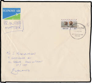 1996 "Economy Air" cover (reduced for display purposes to 212x194mm) endorsed "Printed/Matter" to England with extraordinary & possibly unique franking of Counter-Printed $20 Kangaroos tied by Melbourne cds. Philatelic source does not detract from this mo