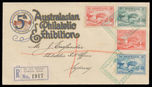 1932 Sydney Harbour Bridge set to 5/- with both 2d values tied to illustrated cover by '5TH AUSTRALIAN PHILATELIC EXHIBITION/23MR32/SYDNEY' diamond d/s in green with blue/black Exhibition registration label alongside and '5TH AUST PHILATELIC EXHIB/23MR32/