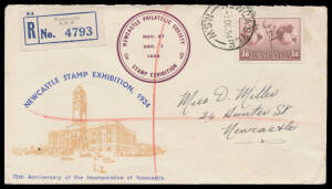 1934 Hermes 1/6d Perf 11 No Wmk tied to 'NEWCASTLE STAMP EXHIBITION' illustrated cover by 'NEWCASTLE/1DE34/NSW' datestamp sent registered with blue registration label alongside, Cat $500.