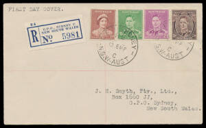 1941 Definitives QE 1d brown and KGVI 1&frac12;d green, 2d mauve and 3d brown tied to plain cover by 'GPO SYDNEY/RS/10DE41/NSW-AUST' datestamps sent registered with blue registration label alongside, Cat $2000+ ($500 each on separate covers). [The ACSC does not 