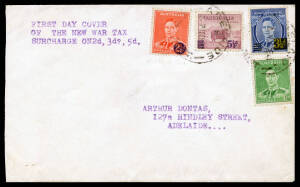 1941 Surcharges set of 3 with additional KGVI 1&frac12;d green tied to plain cover endorsed 'FIRST DAY COVER OF THE NEW WAR TAX SURCHARGES' by 'ADELAIDE/10DE41/STH-AUST' datestamps, couple of very minor marks, Cat $875+ ($375 for the overprint set and $500 for t
