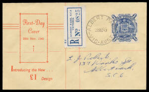 1949 Arms 10/- purple and £1 blue each tied to matching Miller Brothers illustrated FDCs by 'ALBERT PARK/VIC-AUST' cds of '3-OC49' and '29NO49' respectively sent registered, Cat $1200.
 (2)