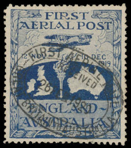 1919 First England-Australia Flight (Nov 12) England-Australia Ross Smith vignette #27c perfectly centred example with complete & very fine 'FIRST AERIAL MAIL/RECEIVED/26FEB1920/GREAT BRITAIN TO AUSTRALIA' datestamp, Cat $3000.