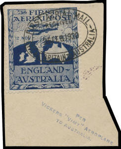 1919 First England-Australia Flight (Nov 12) England-Australia Ross Smith vignette #27c superb perfectly centred example tied to piece by equally fine 'FIRST AERIAL MAIL/RECEIVED/26FEB1920/GREAT BRITAIN TO AUSTRALIA' datestamp, verry fine 'PER/ VICKERS VI