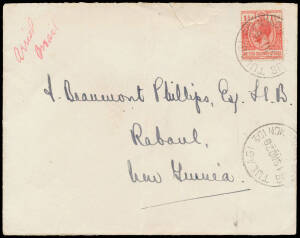 1926 Pacific Islands Survey Flight per Group Captain Richard Williams return sector from Tulagi (Solomons) to Rabaul (New Guinea) AAMC #102var, printed 'THE RESIDENCY/TULAGI/...' in blue on the flap & endorsed "Aerial Mail" at upper-left, repaired opening