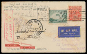1933 Crome cover endosed "England-Australia/survey and experimental flight/per the air liner Astrea" per Major HG Brackley as #315 but with the airmail label crossed-out & absurdly with superb 'AIR SERVICE/NOT AVAILABLE' h/s in rosine, Enmore arrival b/s 