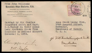 1934 (Nov 1) Hawaii-Los Angeles per "Lady South Cross" #455a with USA 3c National Redevelopment Association tied by Honolulu cancel & 'LOS ANGELES/NOV5/CALIF - 1934' arrival b/s, signed by the pilots "CKingsford Smith" & PG Taylot", minor blemishes, Cat $