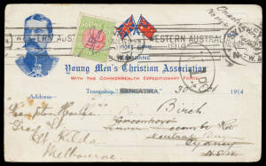 1914 illustrated Brisbane YMCA postcard with printed 'Troopship RANGATIRA' (A22), to NSW with Perth machine of 16NOV14 overstruck with Sydney machine of NO26-1914, tax h/s & 1d Postage Due, redirected to Melbourne, minor defects. ["Rangatira" departed Alb