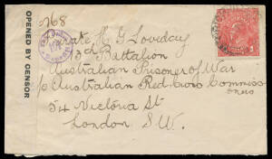 1918 covers to Australian POWs at Soltau Camp in Hannover, two addressed directly the others via the Red Cross in London, each with KGV 1d x3 or unnecessarily with ½d & 1d x2, from NSW x2, Queensland or Western Australia (with printed address including "S