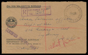 Two attractive hand-illustrated covers from Port Moresby, 1945 stampless OHMS cover registered from AFPO 251 at Morotai with scarce 'RAAF/BASE PO No 2' arrival b/s used at Sydney, four others plus 1948 AAT "Catalina" cover from Macquarie Island. (8)