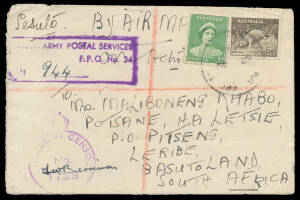 1942 (June 12) cover to a Lesotho woman in Basutoland (!) with Australia 1d & 9d tied by 'AUS FPO 34' cds in use at Tripoli (Lebanon) & FPO No 34 registration cachet in violet, 'LERIBE' transit & 'PITSENG' arrival b/s. An extraordinary origin/destination 