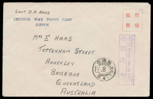 1942 (Aug 25) usage of Japanese POW Envelope with printed device in red at upper-right & 'ZENTSUJI WAR PRISON CAMP/NIPPON' in blue at upper-left, from an officer to his wife or mother in Brisbane, large censor h/s - incorporating Hosotani seal - in violet