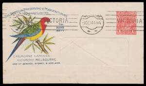 ENVELOPES - STAMPED TO ORDER: 1914 KGV Sideface 1d red Die 2 BW #ES15 window envelope for Rosella Preserving & Manufacturing Co with superb illustration of a rosella (parrot), minor flap fault, Melbourne Krag machine cancel. A beautiful issue. [Because of