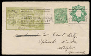 ENVELOPES - STAMPED TO ORDER: 1923 Star with 'POSTAGE' 1½d green BW #ES55 for Resch's Ltd with illustration of the brewery in olive at upper-left, uprated to Germany with 1½d green tied by Sydney slogan cancel for the British Empire Exhibition, trivial bl