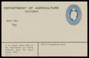 FOOD PARCEL LABELS: 1946 5/10d blue with 'DEPARTMENT OF AGRICULTURE/VICTORIA' imprint at top BW #PL4B, faint bend otherwise very fine with full unmounted o.g., Cat $1000 (mounted).