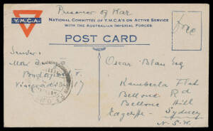 REPATRIATION: YMCA postcard endorsed "Prisoner of War - Free" & datelined "SS Frankfurt 24 X 1919" with Indian 'FPO No 70/26OCT19' cds in use at Suez (Egypt), Sydney arrival b/s of DE1/1919, minor blemishes. [The writer was a Hungarian formerly at Liverpo